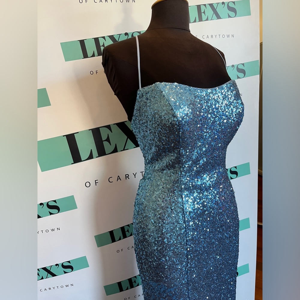 Sherri Hill fitted sequin gown with lace up, slit, and ostrich feathered hem - Picture 2 of 5
